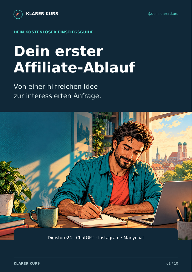 Cover des kostenlosen Guides: Dein erster Affiliate-Ablauf – von einer hilfreichen Idee zur interessierten Anfrage.